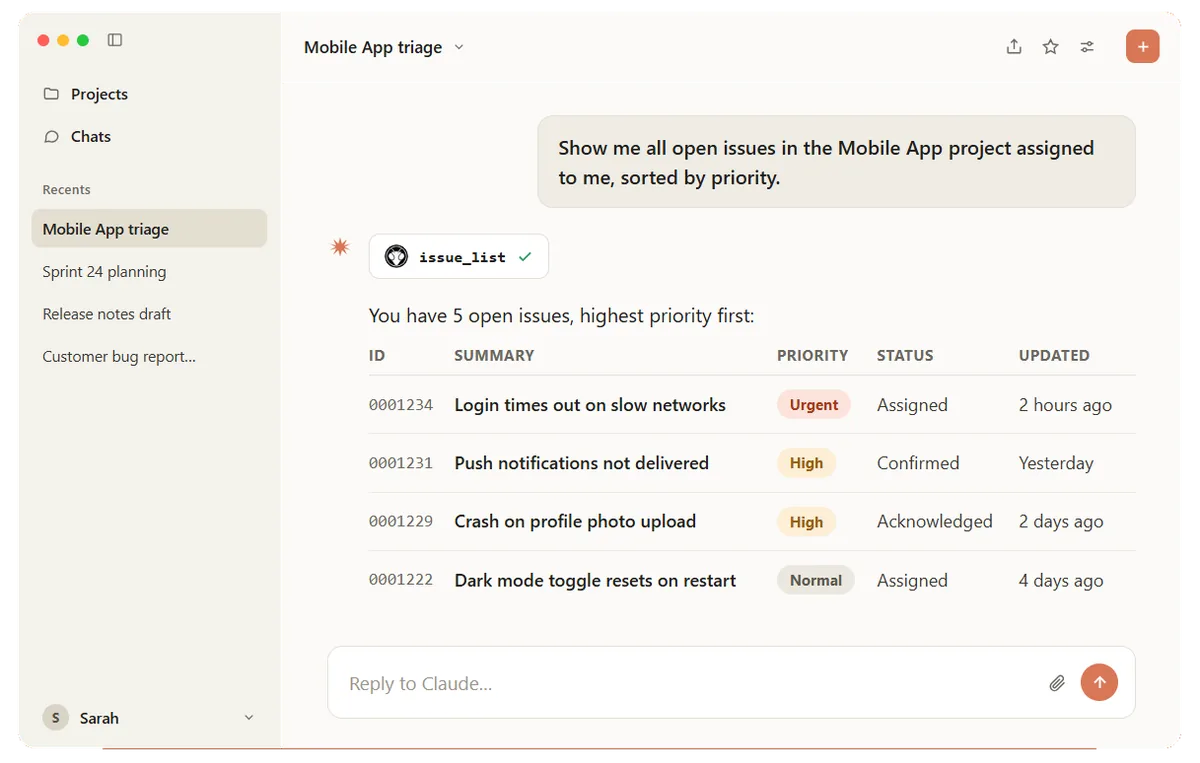 An AI assistant listing open MantisHub issues in reply to a plain-language question