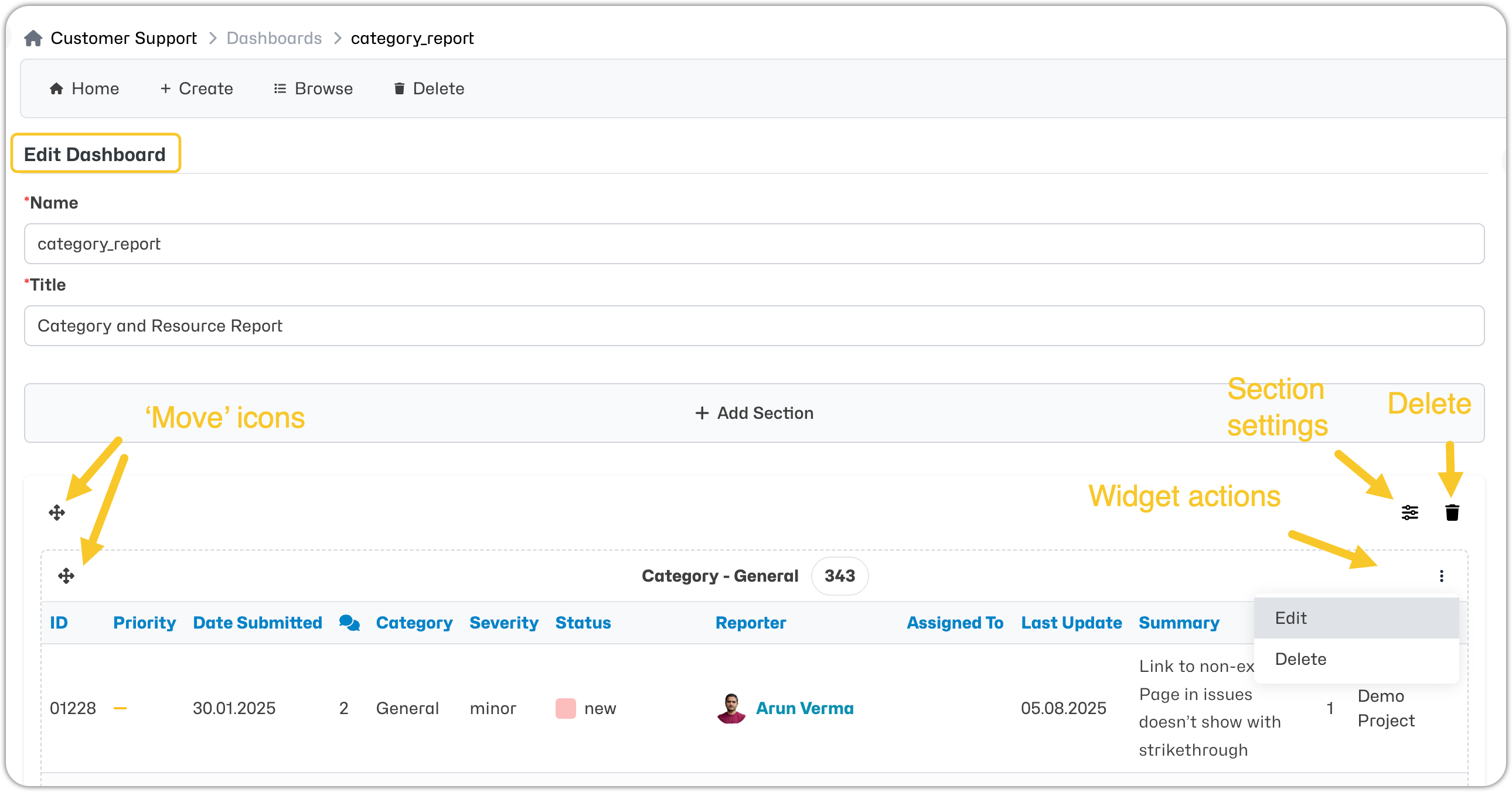 Edit dashboard